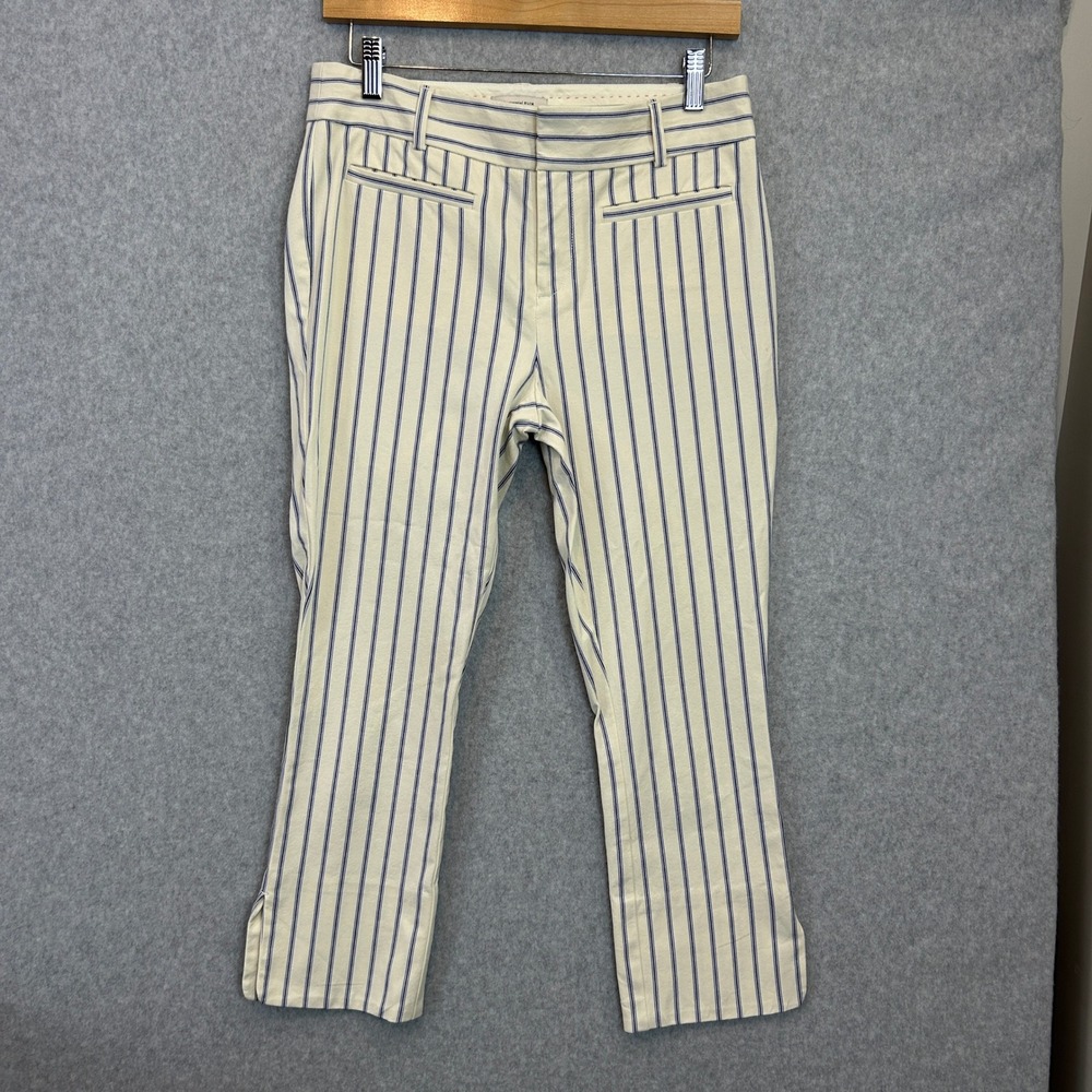 Anthropologie 2 Essential Slim Pants Cream Blue Striped Trousers Preppy Coastal
